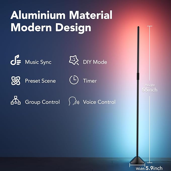 TJOY Smart Wi-Fi Floor Lamp, LED Corner Light Compatible with Alexa, 1200 Lumen, Modern Floor Lamp with Remote, Music Sync, RGB Color Changing Standing Tall Lamp, for Living Room Bedroom