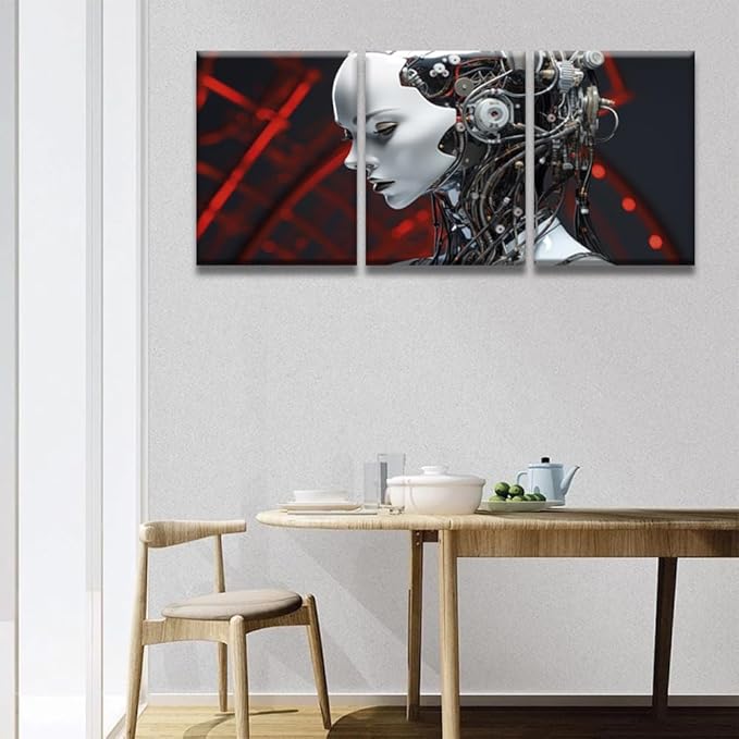 LSIUHWUWI Bedroom Wall Decor 3 Panel Futuristic AI with Striking Details Artwork Print on Canvas for Living Room Bedrooms Wall Decorations, Wooden Framed Ready to Hang 12x16inchx3