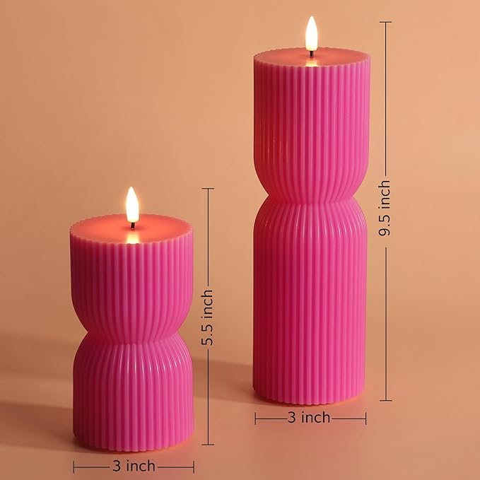 Hot Pink Ribbed Flameless Pillar Candles with Remote, Real Wax Flickering Battery LED Candles Set of 2