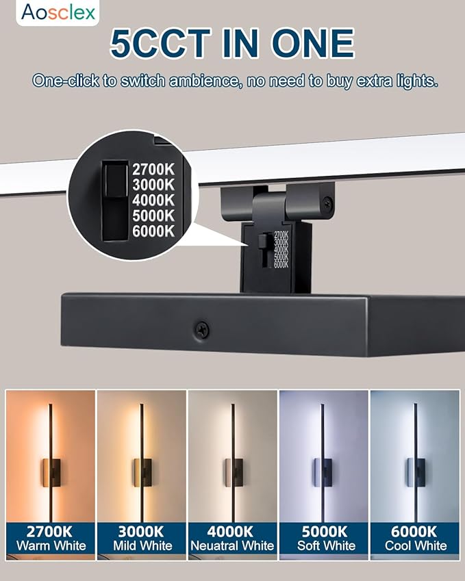 Aosclex 32 Inch Wall-Mounted Bathroom Lighting Fixtures, 180° Rotatable, 24W 2160LM, 5CCT Adjustable (2700K–6000K), Dimmable LED Light Fixture, Black Modern Bathroom Vanity Light, ETL Certificated