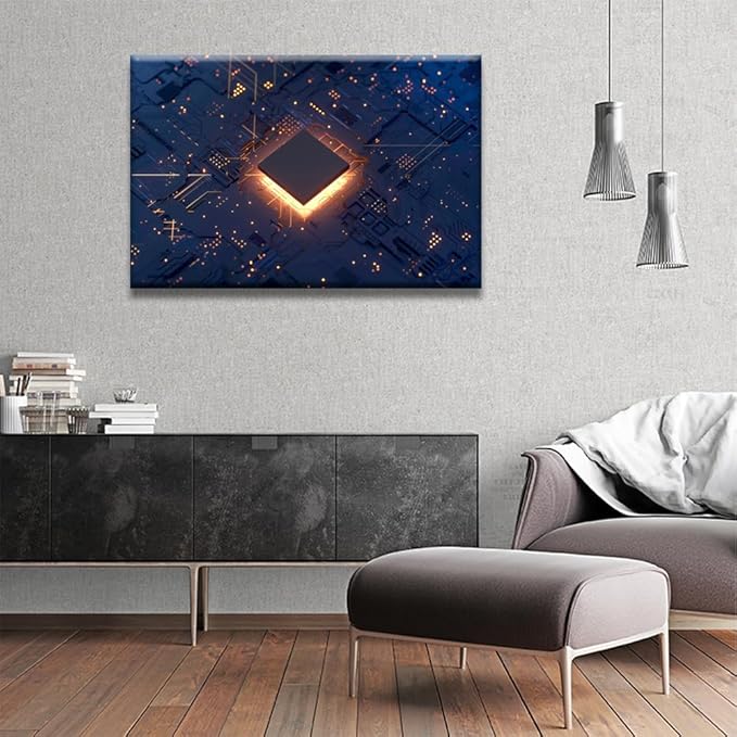 CPU Card Canvas Wall Paintings Office Decor Circuit Board Wall Decor CPU Concept Wall Art for Living Room Computer Chip Home Decor Wooden Framed Gallery-Wrapped Ready to Hang 24x36 INCH