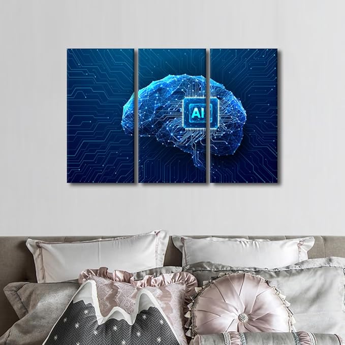 Chip Integral Paintings for Wall Decorations Technology Brain Canvas Prints Technology Wall Art Giclee Artwork 3 Panels Canvas Wall Art Room Wall Decor Stretched and Framed Ready to Hang, 36"Wx24"H