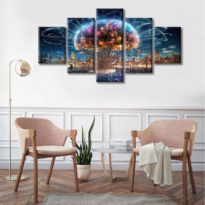 Brain Nervous System Canvas Wall Art for Living Room City Smart Brain Modern Home Decor Human Brain Energy Printed Posters Artwork for Bedroom Office Painting Pictures Ready to Hang (60"Wx32"H)