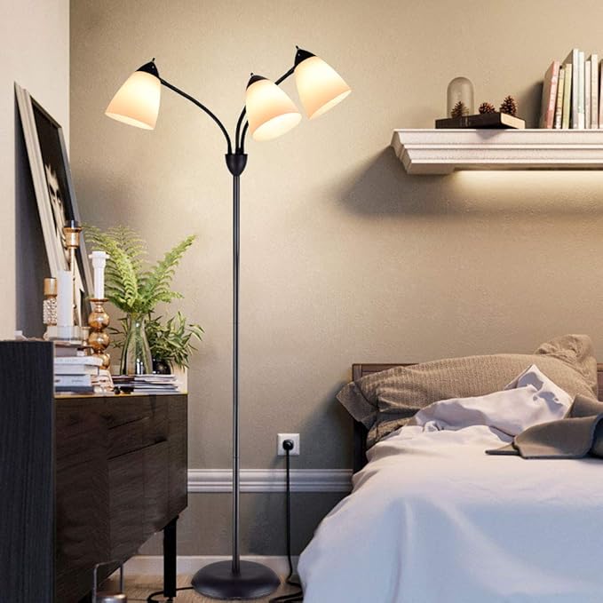 DINGLILIGHTING DLLT Modern Reading Floor Lamp, 3-Light with Adjustable Flexible Gooseneck Tree Standing Lamp for Living Room, Bedroom, Study Room, Office -Black Metal White Shades, E26 Base