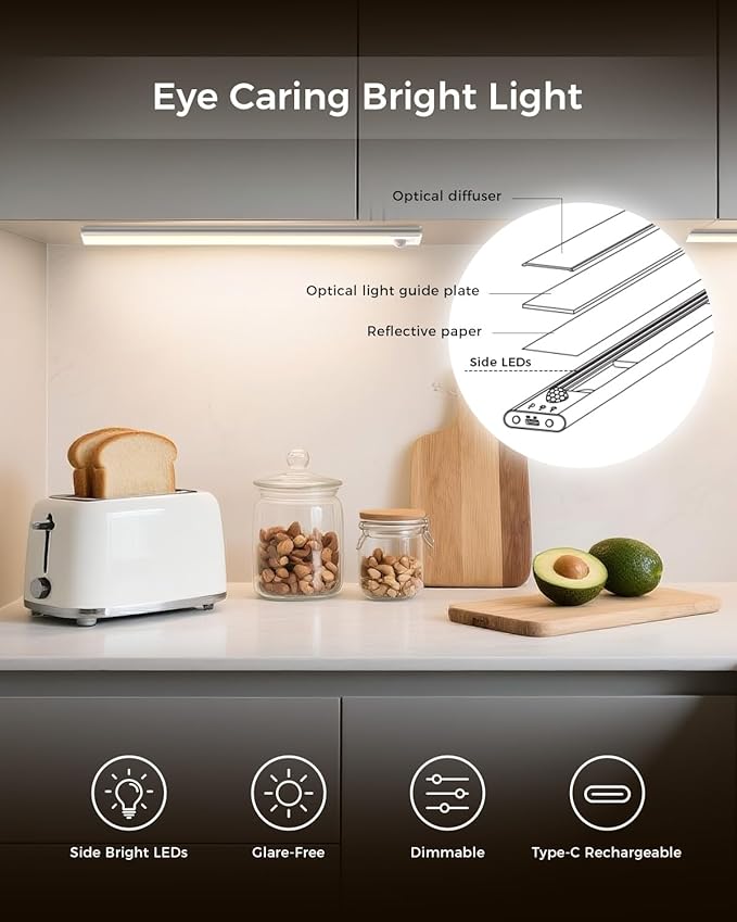 2 Pack 11.8" Motion Sensor Cabinet Light, Under Cabinet Lighting with 4 Modes (Auto Night/Day/Always On/Off), 3 CCT & Stepless Dimming, USB Type-C Charging, for Kitchen, Stairs