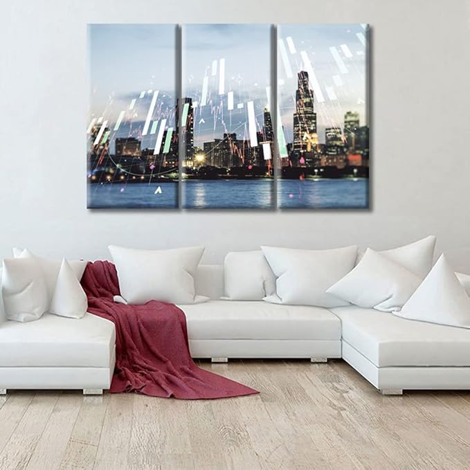 TUMOVO Office Decor Abstract Virtual Financial Graph Hologram Paintings Wall Decor for Living Room 3 Piece Chicago Skyline Background Pictures Print on Canvas Framed Ready to Hang (60" Wx40 H)