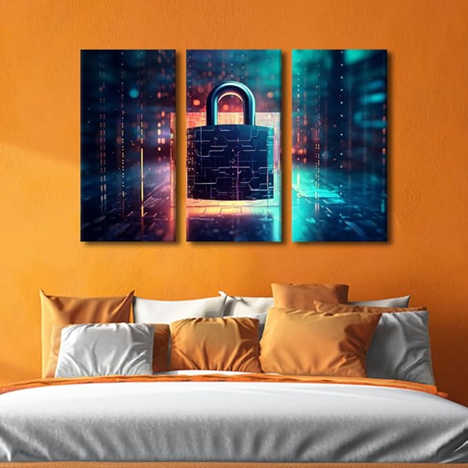Framed Wall Art 3 Panel Cyber Security and Data Protection Concept Pictures Print on Canvas Wall Art for Living Room Bedroom Bathroom Decorations, Modern Posters and Prints, 42" Wx28 H