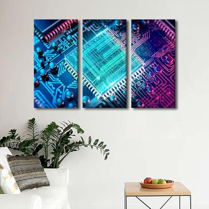 Canvas Wall Art Motherboard Digital Chip Artwork Pictures Bathroom Decor Computer Processors CPU Wall Art 3 Panel CPU Concept Contemporary Home Decor Print on Canvas Framed Ready to Hang(28"Wx42"H)