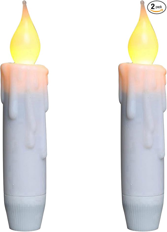 CVHOMEDECO. Flickering Taper Candles LED Drip Flameless Candles, Battery Operated with Timer, White, 4-3/4 Inch, Set of 2