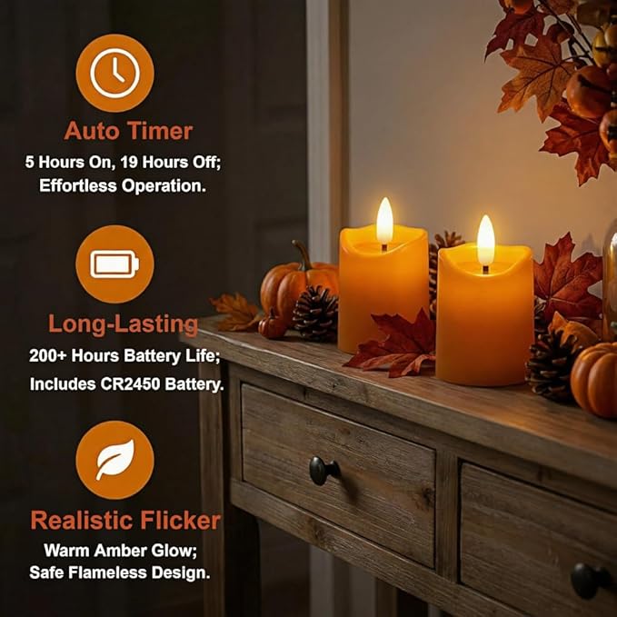 Simplelight Orange Halloween Flameless Votive Candles with Timer, Realistic Black Wick Fall Candles Battery Operated, Battery Included, D 1.8” X H 3.1”, Set of 6 for Pumpkin Decoration (Orange)