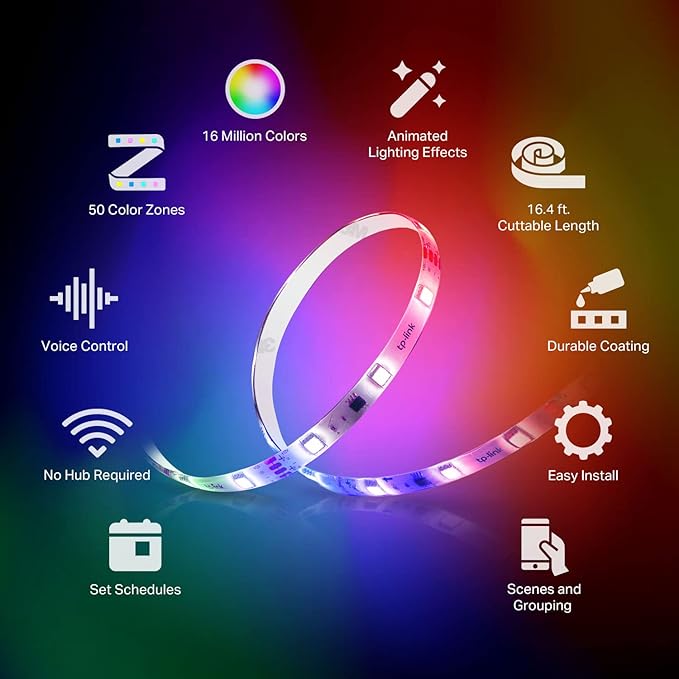 Kasa Smart LED Light Strip,50 Color Zones RGBIC,16.4ft Wi-Fi LED Strip Works w/Alexa,Google Home & SmartThings,High Brightness,16M Colors,PU Coating,Trimmable,2 Yr Warranty (KL420L5),(Pack of 10)