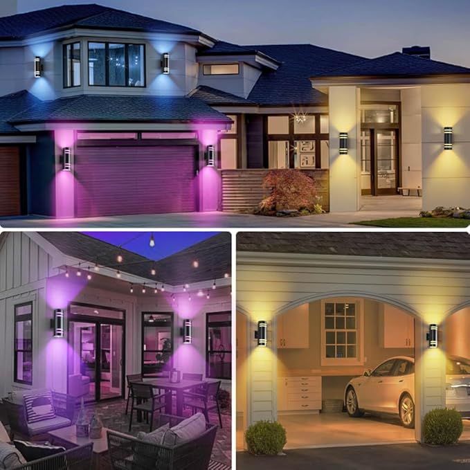 Smart Porch Lights Color Changing, RGB Outdoor Wall Lights with Remote Control Ambiance Up and Down Lights, Black Exterior Light Fixture Home Theater Lighting Compatible with Alexa Google Assistant