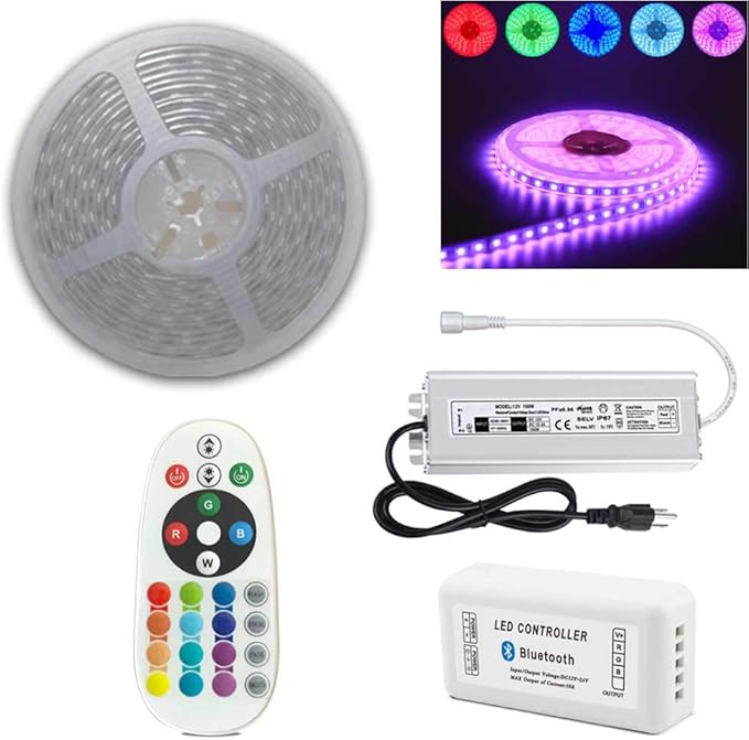160FT (2X 80FT/Roll) 60LEDs/M 24V 5050 IP67 Waterproof RGB LED Flexible Strip Light w/Bluetooth Remote & Controller(Waterproof) and Power Supply(Waterproof)