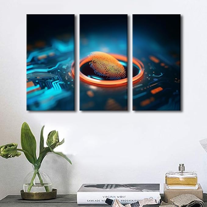 Framed Canvas Wall Art 3 Panels Digital Fingerprint Scanner Pictures Print On Canvas for Bedroom Living Room Wall Decoration, Wooden Framed Gallery-Wrapped Ready to Hang, 60" Wx40 H