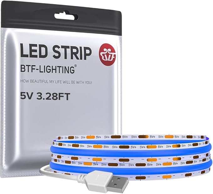 BTF-LIGHTING FCOB USB Powered Blue Color COB LED Strip Lights 3.28FT 320LEDs 5V 8mm Width 90+ High CRI Ultra Bright Flexible Light for 3D Printer TV Backlight Display Cabinet PC DIY Decor