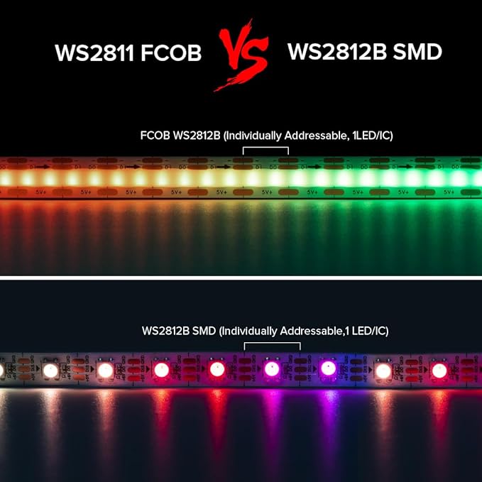BTF-LIGHTING FCOB COB WS2811(WS2812B) IC RGB 180LED/m 540IC LED Strip DC5V 9.8FT Individual Addressable Flexible High Density Uniform Light Dream Chasing Color 10mm Width(NO Adapter or Controller)