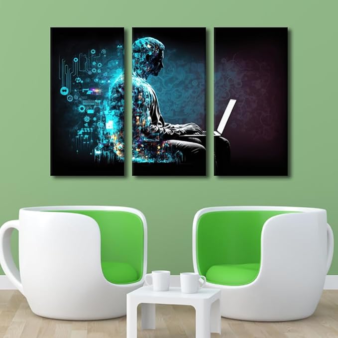 AI Wall Art for Living Room 3 Piece Internet of Things Canvas Printing Posters Digital Software Development Picture, Modern Artwork for Living Room Decor Ready to Hang, 42"Wx28"H