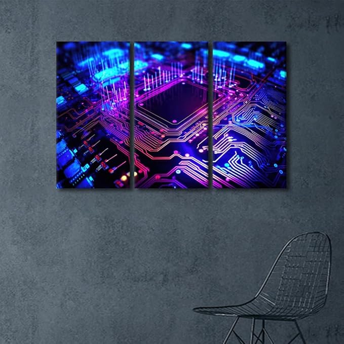 TUMOVO 3 Pieces Wall Art Circuit Board Pictures Paintings Canvas Print Semiconductor Chip Posters and Prints Modern Artwork Contemporary Home Decor Framed Ready to Hang, 60" Wx40 H