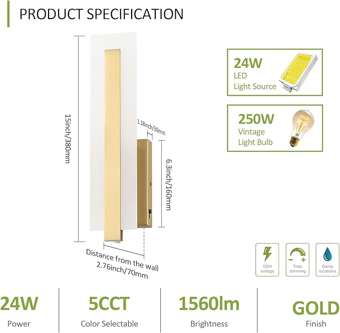 Tipace Hardwired Brass Dimmable Modern LED Wall Sconce 2 Packs 3000K 3500K 4000K 5000K 6000K Indoor Wall Lights Up and Down Wall Mount Light for Living Room Bedroom Hallway Corridor(5CCT)