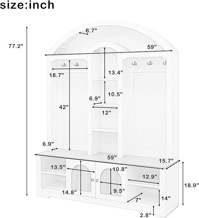 Merax 59" Multi-Functional Hall Tree with Shoe Racks, Curved Style Scandinavian Entryway Organizer with Hangers, Hooks & Shelves for Mudroom, Living Room, White+Walnut