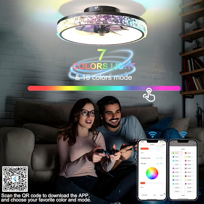 20" Smart RGB Ceiling Fan with Light and Remote/App Control. This bladeless fan has a sleek black design. It features a dimmable, color-changing RGB light. This makes it ideal for bedrooms, kids' room