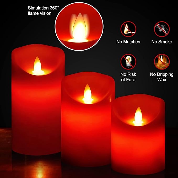 Nancia Flameless Battery Operated Flickering Candles:3PACK Red Real Wax Pillar Candle,Electric LED Candle with 10-Key Remote Control and 24 Hours Timer for Home Decoration Holiday Party