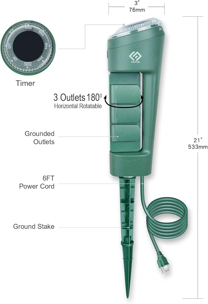 Outdoor Power Stake, 3 Grounded Outlets with 180° Rotating Function and Safety Cover and Photocell Timer 2/4/6/8 Hour Countdown, Dusk to Dawn, 6FT Cord, UL Listed, Green