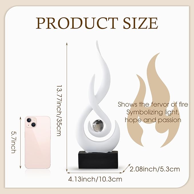 White Flame Statue Decor for Living Room, 13.7" H Modern Minimalist Sculptures Home Decorations for Dining Room, Abstract Art Sculpture for Shelf Coffee Table Centerpiece