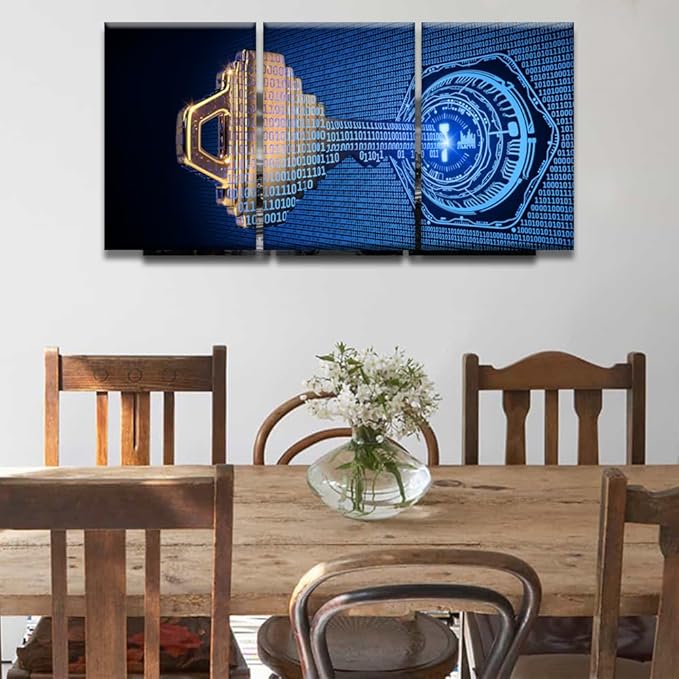 Modern Wall Art for Living Room Multi Panel Wall Decor A Key Formed from Binary Code Goes Into an Abstract Lock Picture Poster Artwork Stretched Framed Gallery-Wrapped Ready to Hang, 16x24inchx3