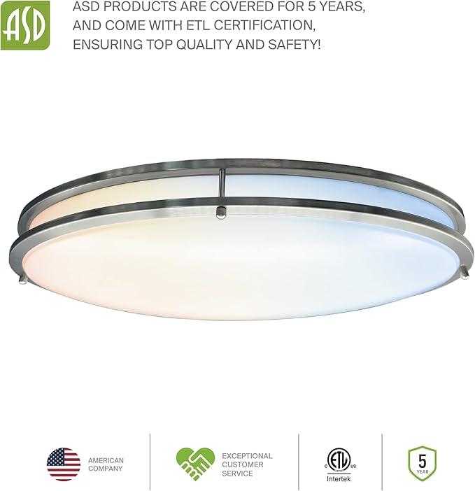 ASD LED 32" Oval Flush Mount Lighting, Close to Ceiling Light Fixture | 5CCT, Dimmable, ETL Listed | 50W 4195LM 2700-5000K 120V | Low Profile Double Ring Lamp | Nickel