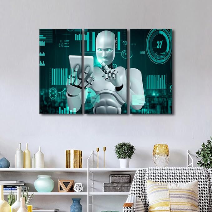 TUMOVO Robot Painting Pictures for Living Room Big Data Analysis Canvas Artwork 3 Pieces Wall Art AI Intelligence Canvas Prints Stretched and Framed Ready to Hang Posters, 42" Wx28 H