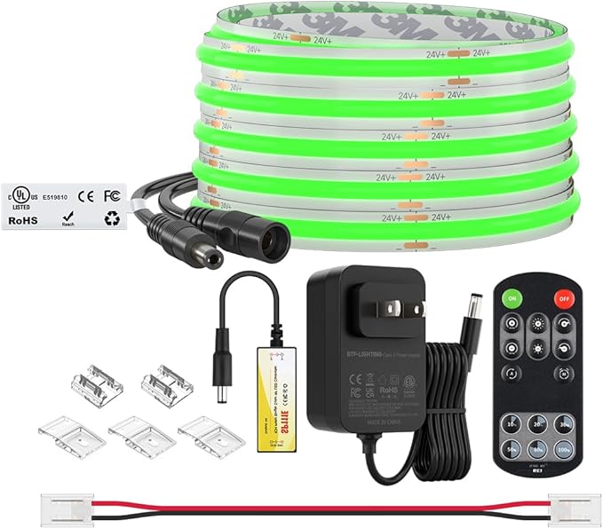 BTF-LIGHTING COB LED Strip Light 24V 16.4FT UL Listed, Green Color Dimmable High Density Flexible Tape Light with RF Remote & ETL Power Adapter, Ultra Bright for Bedroom Kitchen Home Indoor Lighting