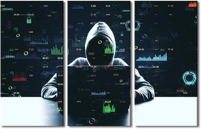 3 Pieces Canvas Wall Art Hacker Malware Framed Art Prints AI Big Data Artwork Prints on Canvas Hacker Giclee Gallery-Wrapped Posters and Prints Modern Home Decor Framed Ready to Hang, 60" Wx40 H