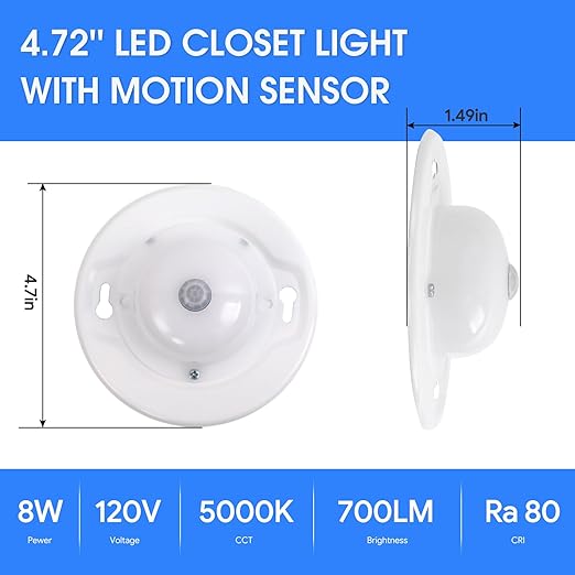 Energetic 4.7 Inch Motion Sensor Closet Ceiling Lights, LED Under Cabinet Lights Wired, Flush Mount Ceiling Lighting Fixtures for Bedroom, Kitchen, Hallway, Wet Location, 120V, 5000K, White, 1 Pack