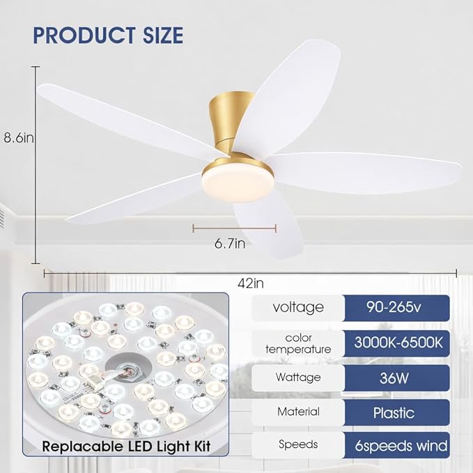 42" Ceiling Fans with Lights-Low Profile Ceiling Fan with Light and Remote/APP Control,Flush Mount Gold Ceiling Fan with Reversible White Blades