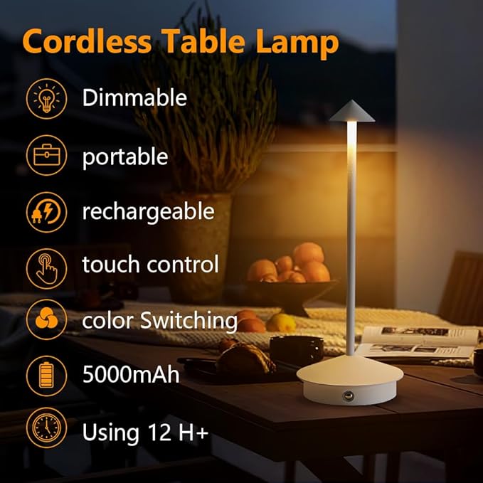 Cordless Table Lamp, 5000mAh Rechargeable Battery Powered LED Desk Lamp, Portable Touch Control Outdoor Table Lamps,3 Color Dimmable Light for Restaurant, Patio, Bedroom, Night Lamp (White)