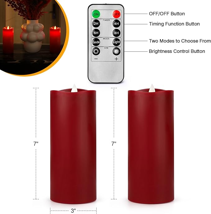 7” x 3” Flameless Candles, Flickering Moving Flame LED Candles, Battery Operated Candles with Remote and Timers, Burgundy, Set of 2