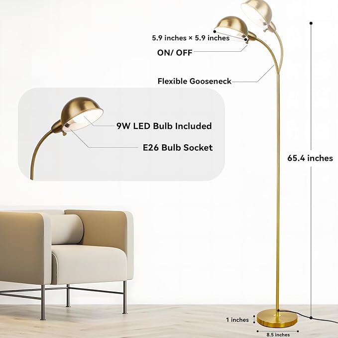 Dimmable Floor Lamp with Flexible Gooseneck and Rotatable Shade, Modern Style Standing Tall Lamp, E26 Socket, LED Reading Lamp (Gold)