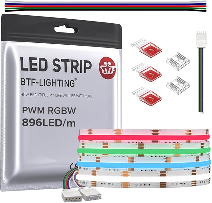 BTF-LIGHTING FCOB COB LED Strip RGBW 6500K 896LED/m 9.8FT DC12V Color Changing Flexible High Density Uniform Light 12mm Width for Home Indoor Decoration(No Adapter or Controller)