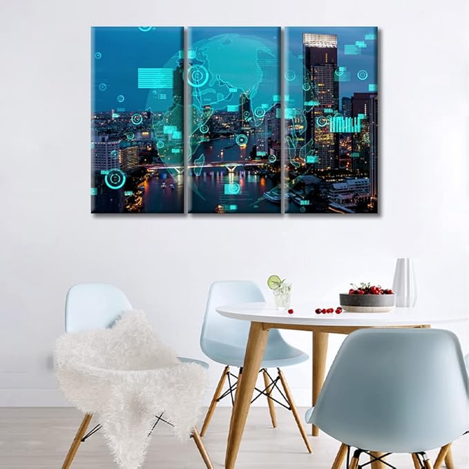 TUMOVO Future of Business Intelligence Pictures Wall Decor 3 Pieces Artificial Intelligence Versus Big Data Wall Decor for Bedroom, Living Room, Office. House Decor Framed Ready to Hang (42" Wx28 H)