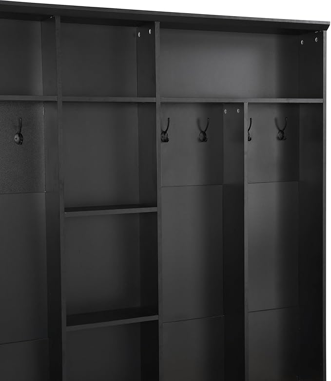 Wide Hall Tree With Shoe Storage Bench, Minimalist Entryway Coat Rack, Cube Storage and Shelves, Multifunctional Mudroom With 8 Hooks for Hallway (Black)