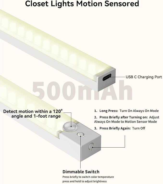 12-Pack Under Cabinet Lighting with 2 Charging Stations, 8-in Rechargeable Motion Sensor Light Indoor, 3 Color Dimmable Closet Light, USB Stick on LED Magnetic Under Counter Lights for Kitchen
