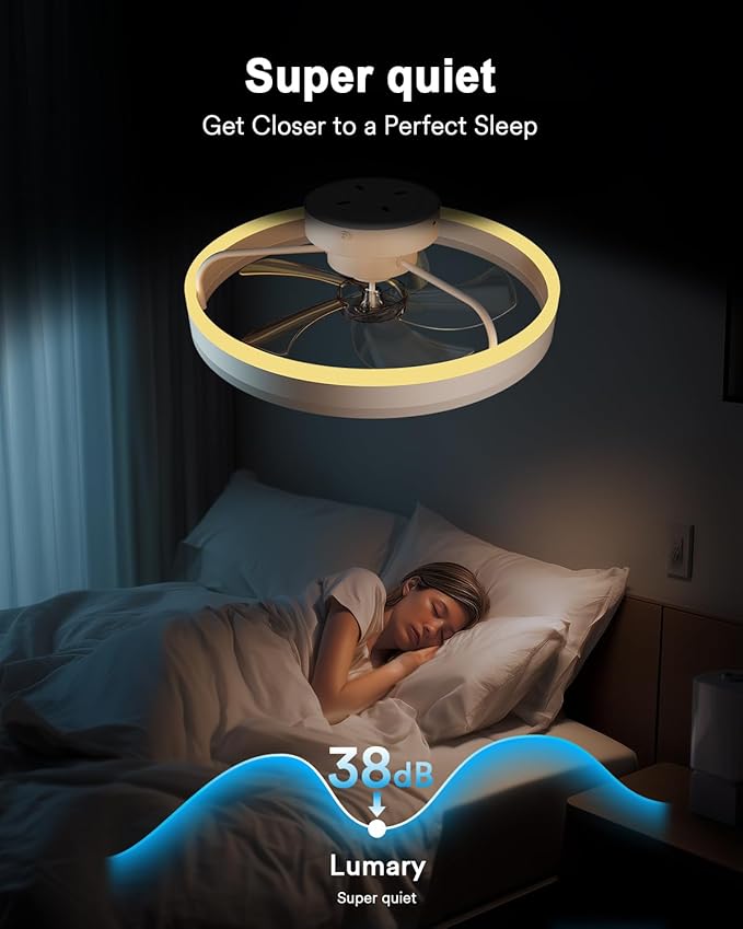 Lumary Smart WiFi Ceiling Fans with Lights, RGBAI Flush Mount Ceiling Fans with Lights and Remote, Dual Lighting Mode Modern LED Low Profile Ceiling Fan for Bedroom Works with Alexa Google, 20in White
