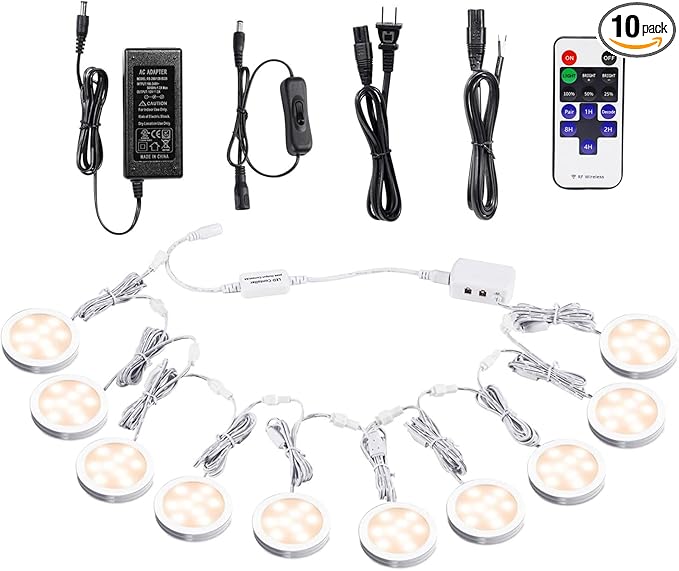 AIBOO Linkable Under Cabinet LED Lighting 12V Dimmable Puck Lights with Wireless RF Remote Control, Hardwired & Wall Plug in for Furniture Cupboard Lighting(10 Lights, Warm White)