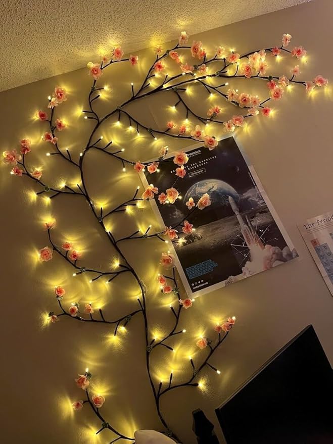 Cherry LED Tree Branch Lights for Wall, Cherry Blossom Willow Vine Twig Decor Garland with 96 LED Lights and Remote,8 Lighting Modes,Christmas Decorations Indoor for Home Wall Door Window (71inch)