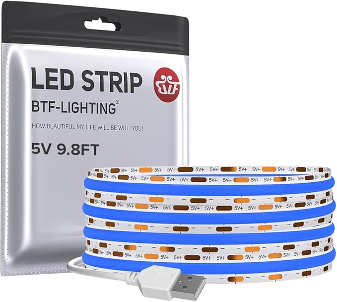 BTF-LIGHTING FCOB USB Powered Blue Color COB LED Strip Lights 9.8FT 960LEDs 5V 8mm Width 90+ High CRI Ultra Bright Flexible Light for TV Backlight Display Cabinet PC DIY Decor
