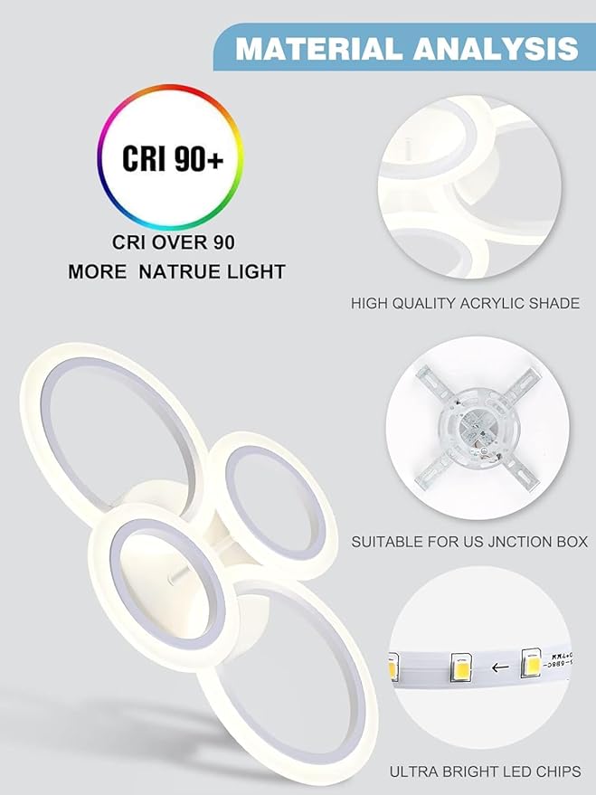 Vikaey Modern LED Flush Mount Ceiling Light, 4 Rings White Close to Ceiling Light Fixtures, Kitchen Lighting Fixture Ceiling Lamp for Bedroom, Living Room, Laundry Room, 4000K Not Dimmable