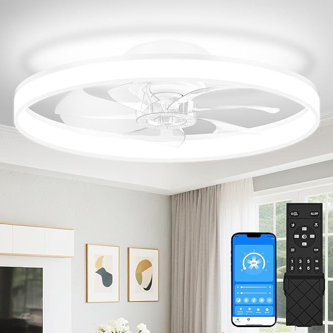 VOLISUN Low Profile Ceiling Fans with Lights and Remote, 24in Fandelier Ceiling Fan Flush Mount, 3000K-6500K Smart Bladeless LED Fan Light, White Modern Ceiling Fans with Lights for Bedroom