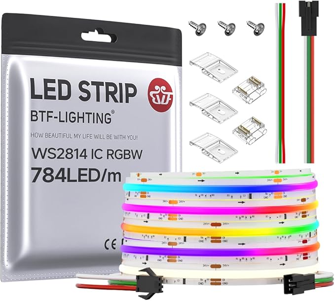 BTF-LIGHTING FCOB WS2814 IC RGBW 4000K COB LED Strip Flexible High Density Uniform Chasing Color Light 24FT DC24V 784LED/m 14IC/m 10mm Width for Home Indoor Decor(No Adapter or Controller)