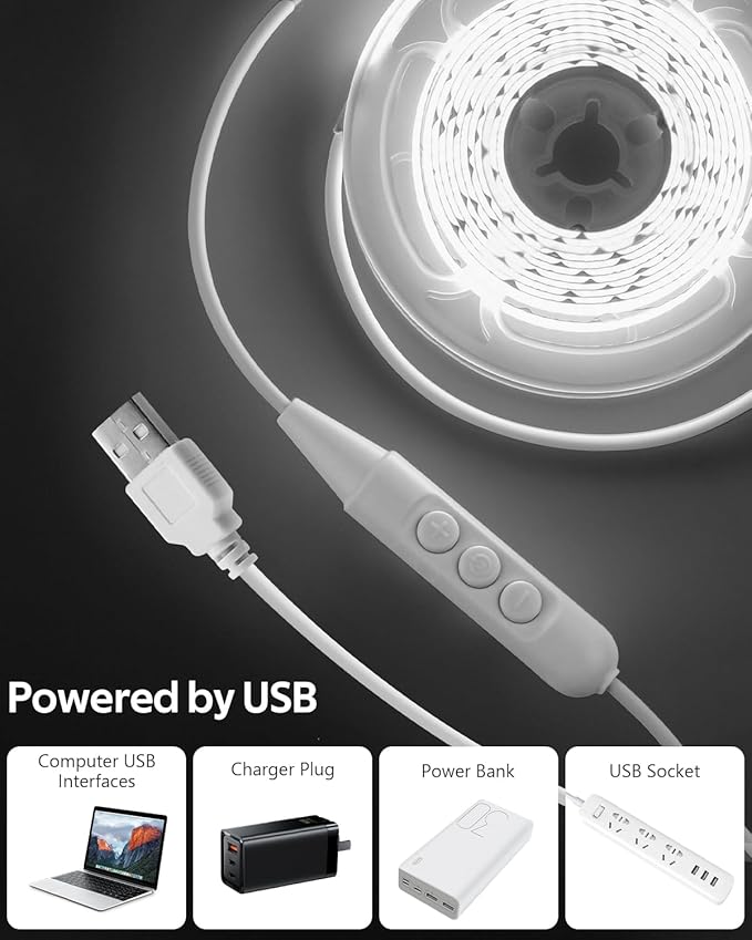 Aclorol 1M 5V COB LED Strip Light White 6000K Dimmable USB Powered TV LED Backlights 3.28FT 320Leds Flexible LED Tape Light Ultra Bright for 3D Printer Kitchen Under Cabinet Home Decoration CRI>85